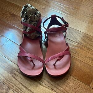 Chaco red leather ladies ankle wrap sandals, size 10
